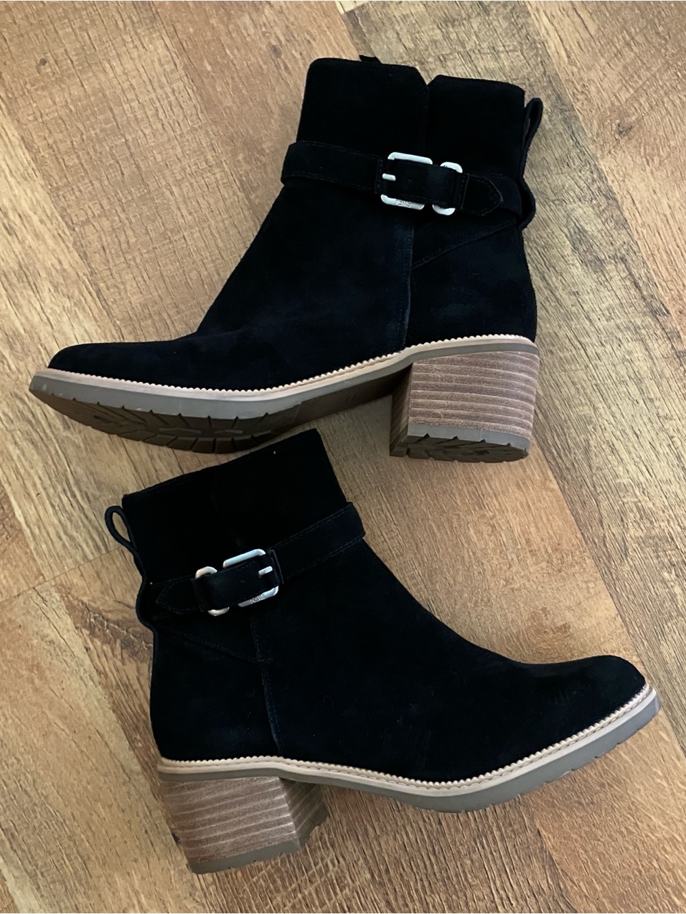 TOMS Hailey Black Suede Leather Buckle Ankle Boots 8.5
